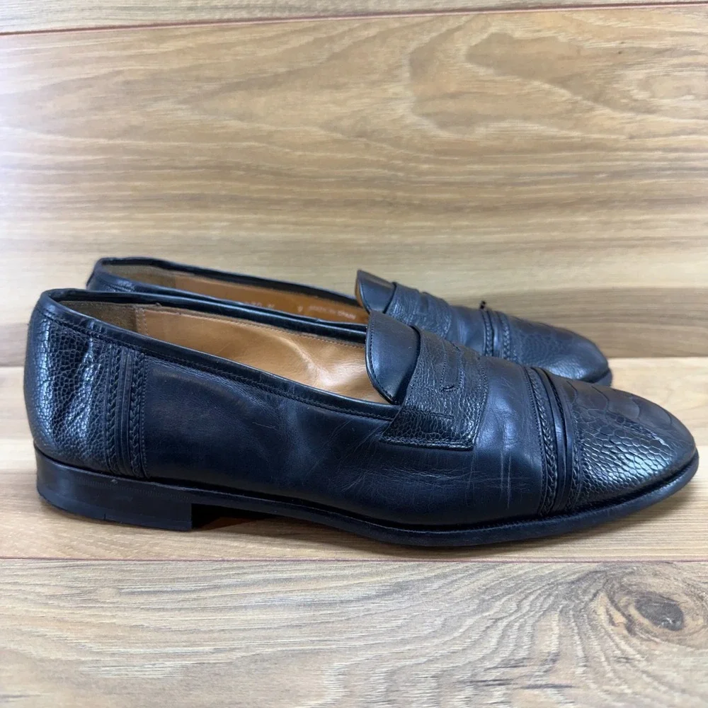MEZLAN FLAWED Ostrich Leg Penny Loafers Mens 9 M Black Leather Dress Slip On